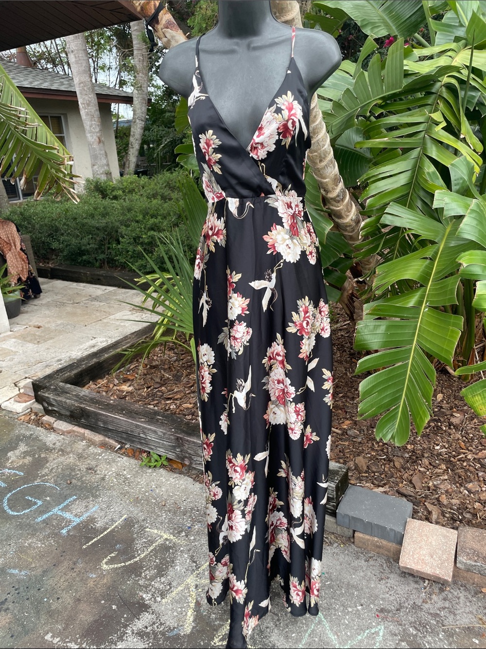 lulu’s dark floral maxi dress with cross back straps